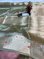 Pure Green Mango Silk Saree Flower Minakari Border