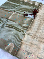 Pure Green Mango Silk Saree Flower Minakari Border