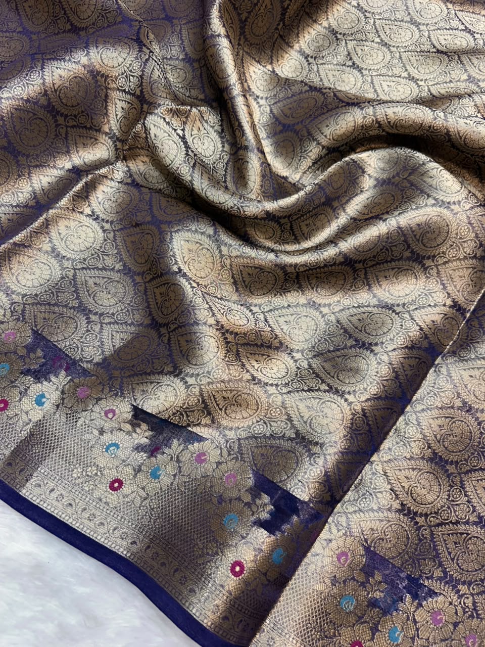 Banarasi Pure Glass Tissue Silk Saree flower Minakari Border