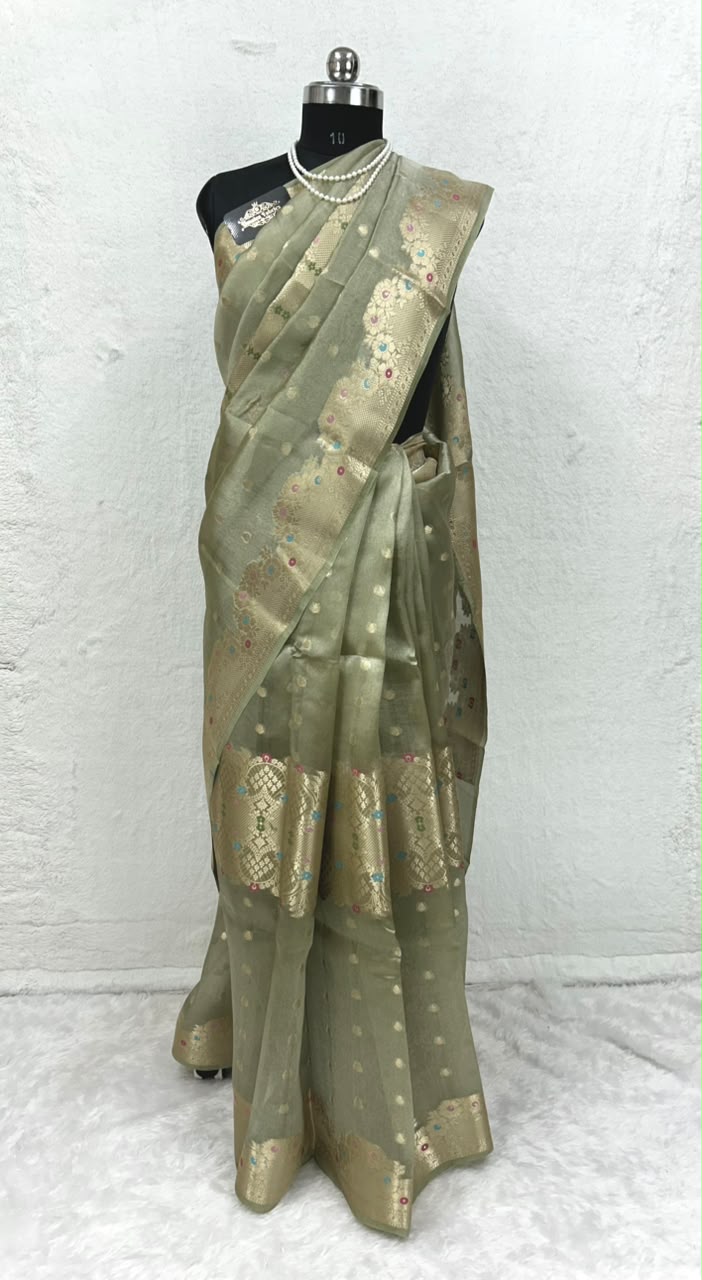 Pure Green Mango Silk Saree Flower Minakari Border