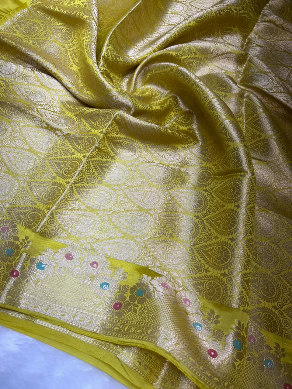 Pure Green Mango Silk Saree Flower Minakari Border