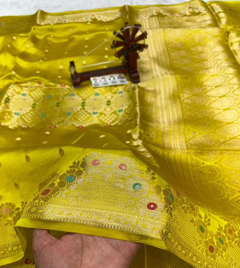 Pure Green Mango Silk Saree Flower Minakari Border