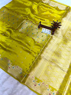 Pure Green Mango Silk Saree Flower Minakari Border