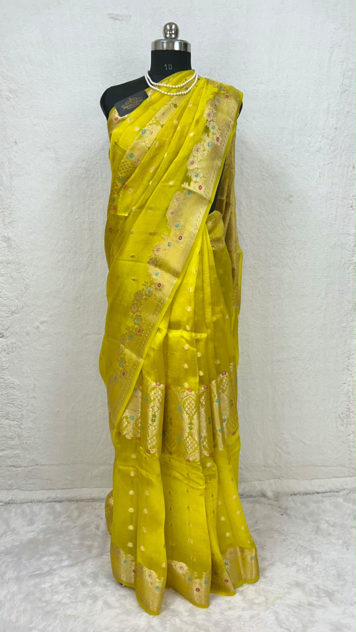 Pure Green Mango Silk Saree Flower Minakari Border
