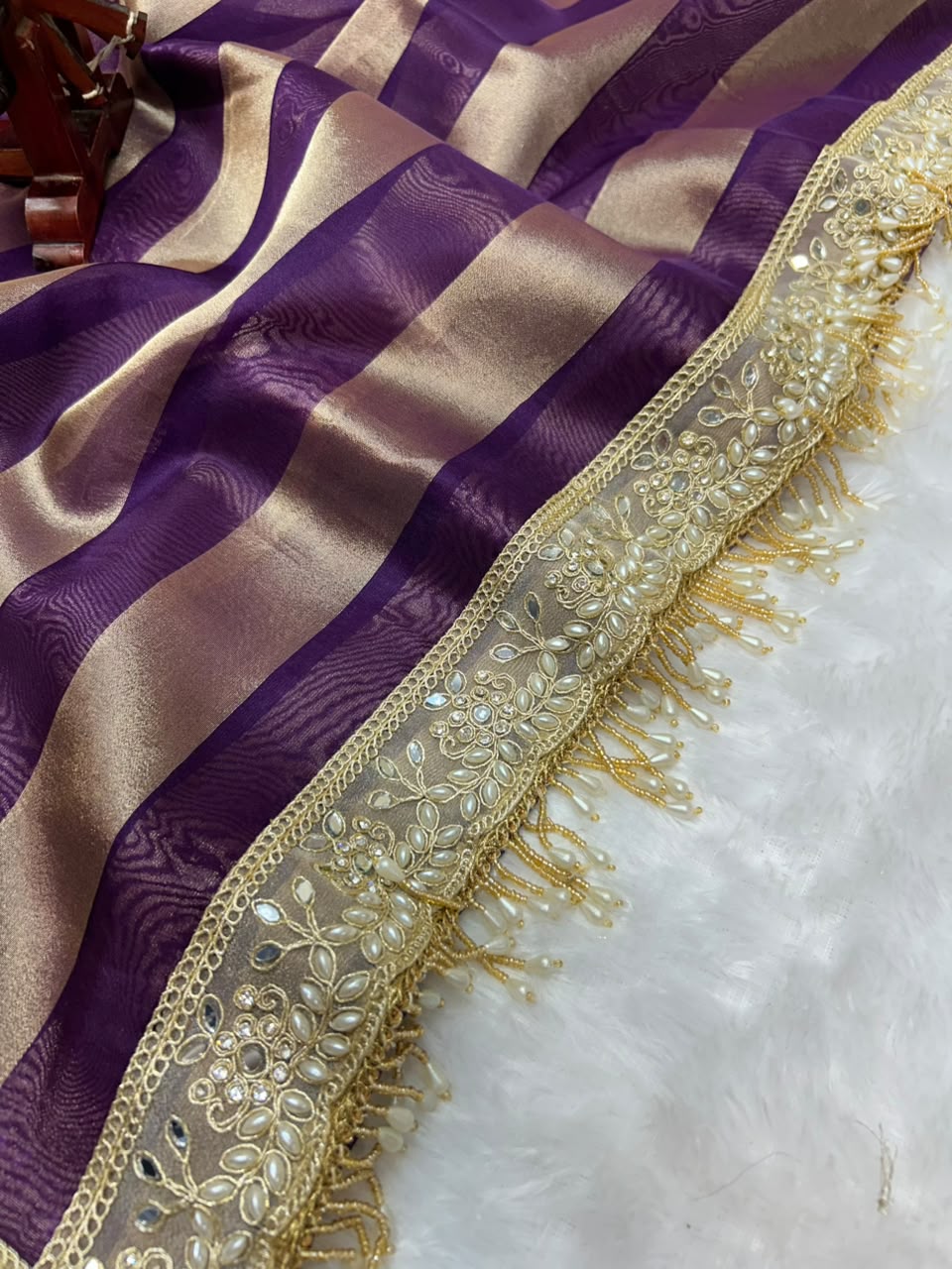 Banarasi Organza Tissue Strip Silk Saree With Fancy Diamond & Mirror Work Lace