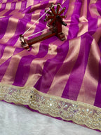Banarasi Organza Tissue Strip Silk Saree With Fancy Diamond & Mirror Work Lace