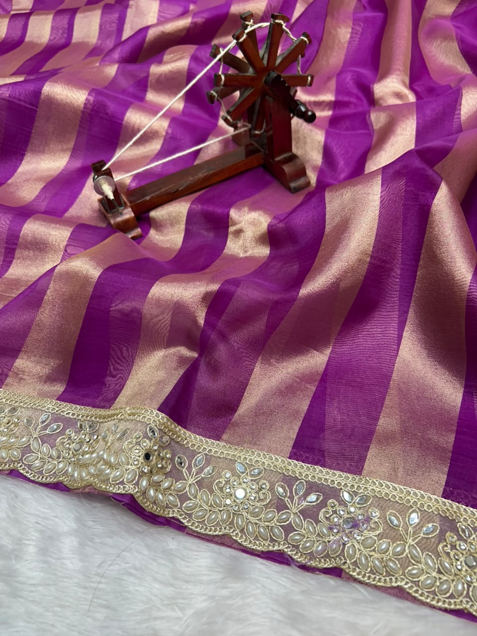 Banarasi Organza Tissue Strip Silk Saree With Fancy Diamond & Mirror Work Lace