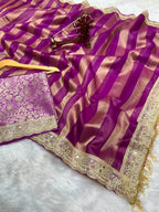 Banarasi Organza Tissue Strip Silk Saree With Fancy Diamond & Mirror Work Lace