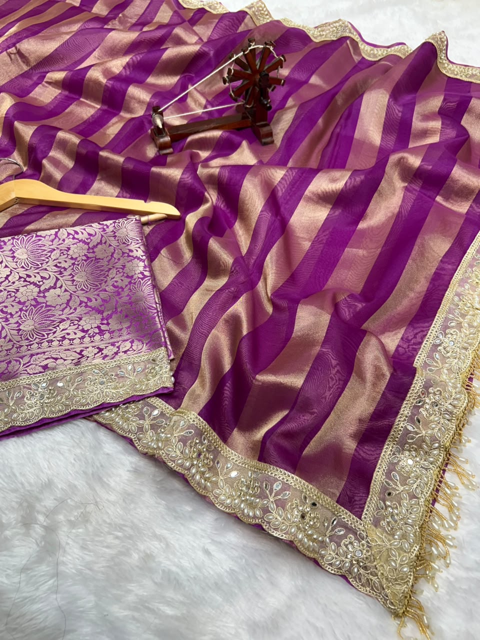 Banarasi Organza Tissue Strip Silk Saree With Fancy Diamond & Mirror Work Lace