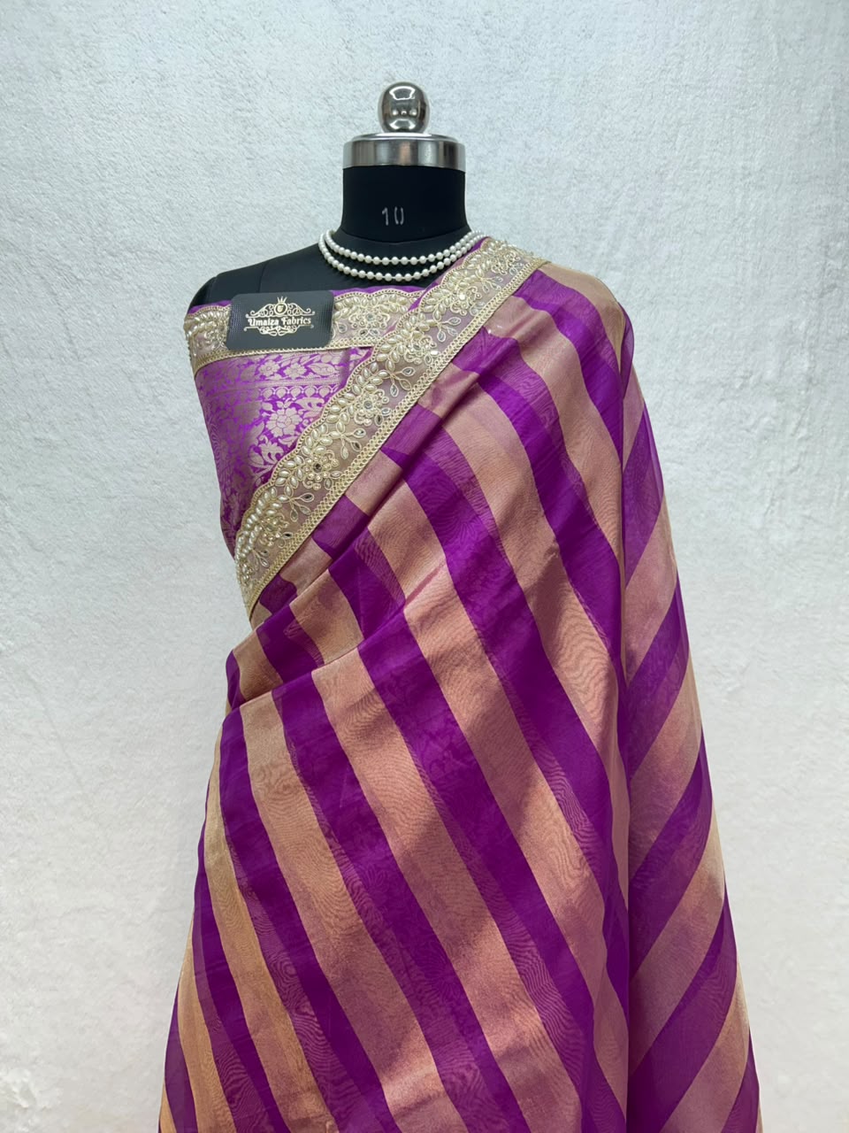 Banarasi Organza Tissue Strip Silk Saree With Fancy Diamond & Mirror Work Lace