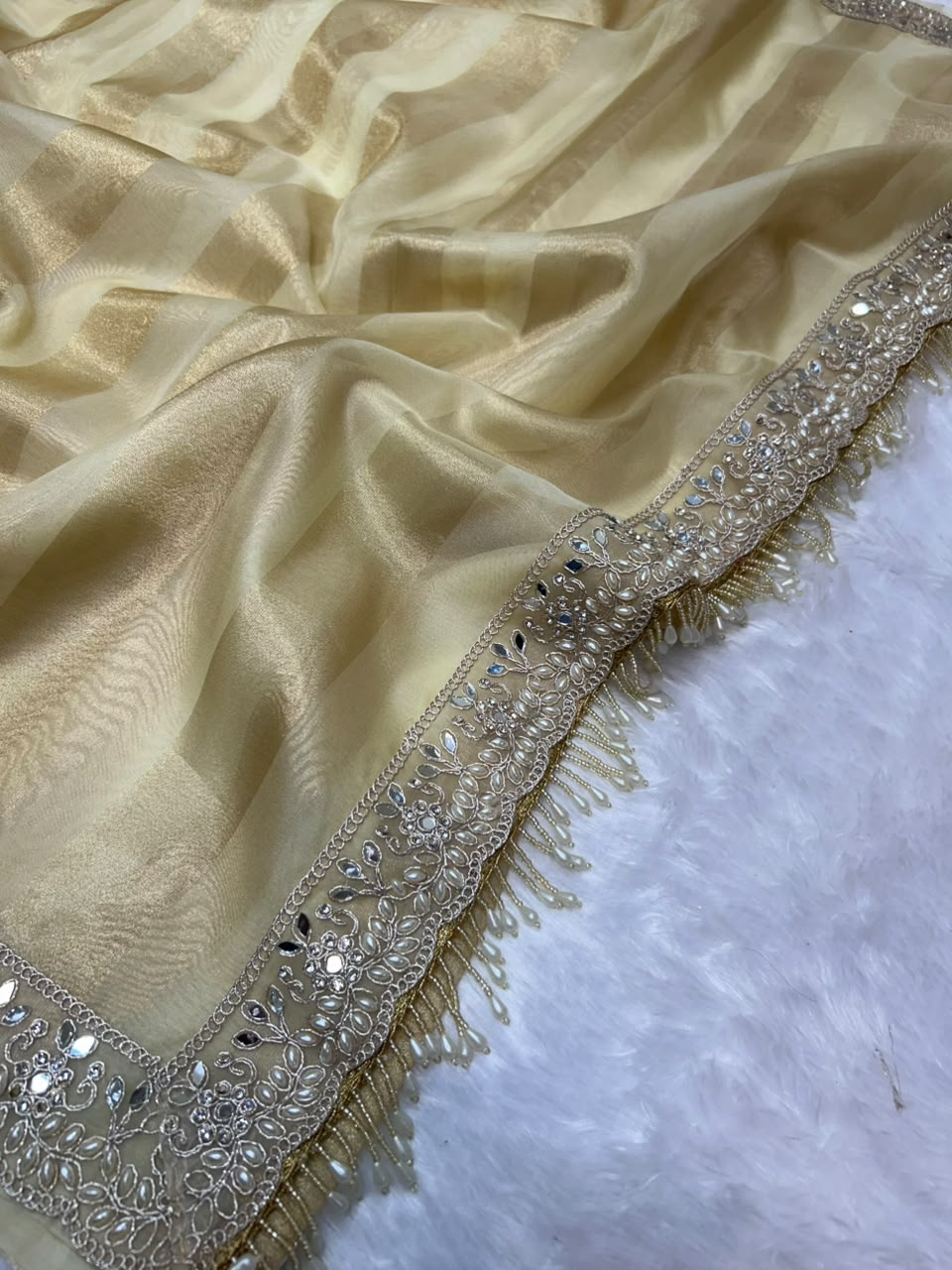 Banarasi Organza Tissue Strip Silk Saree With Fancy Diamond & Mirror Work Lace