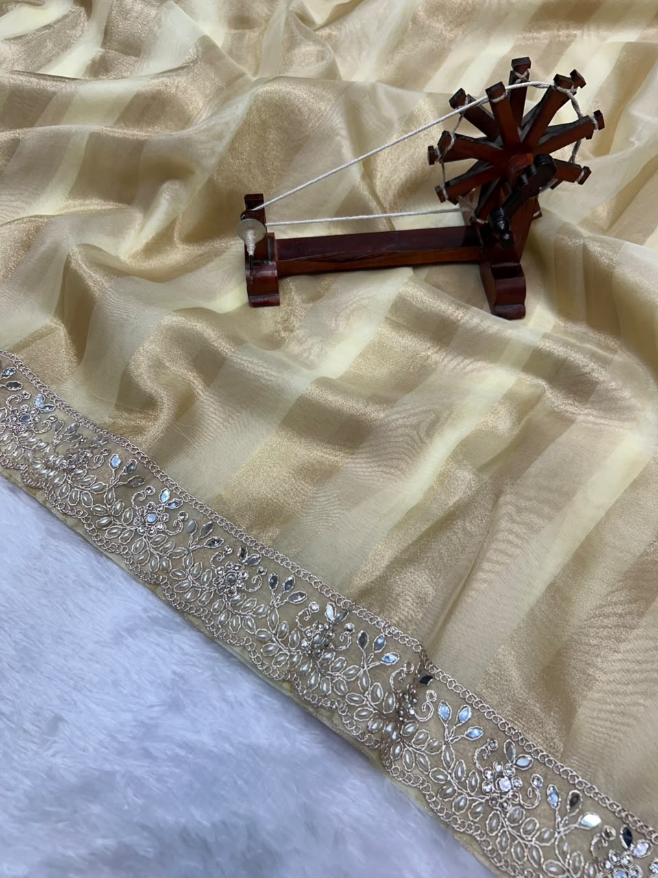 Banarasi Organza Tissue Strip Silk Saree With Fancy Diamond & Mirror Work Lace