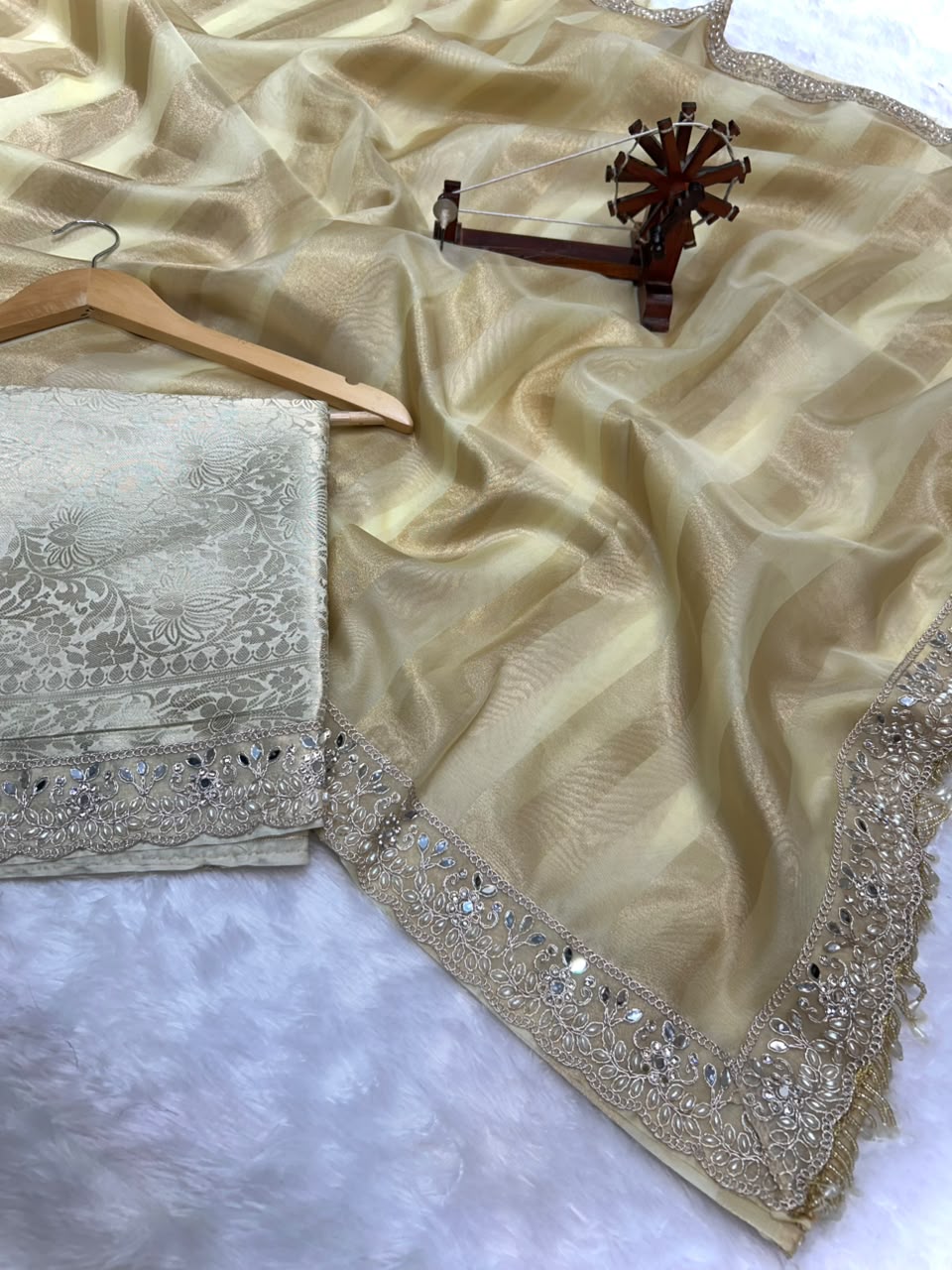 Banarasi Organza Tissue Strip Silk Saree With Fancy Diamond & Mirror Work Lace