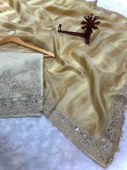 Banarasi Organza Tissue Strip Silk Saree With Fancy Diamond & Mirror Work Lace