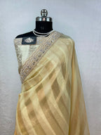 Banarasi Organza Tissue Strip Silk Saree With Fancy Diamond & Mirror Work Lace