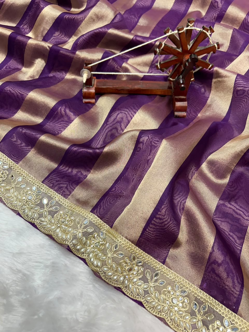 Banarasi Organza Tissue Strip Silk Saree With Fancy Diamond & Mirror Work Lace