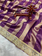 Banarasi Organza Tissue Strip Silk Saree With Fancy Diamond & Mirror Work Lace