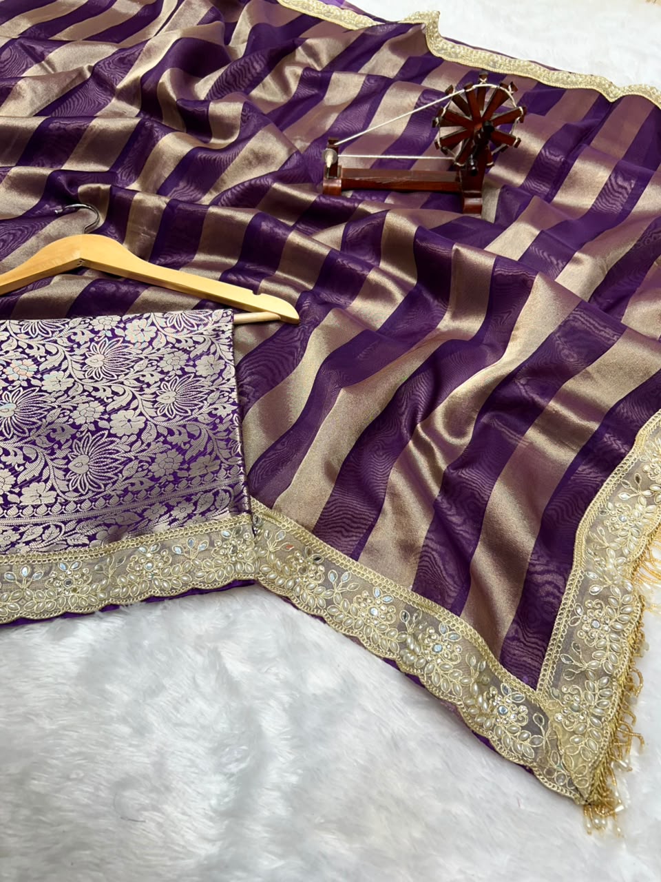 Banarasi Organza Tissue Strip Silk Saree With Fancy Diamond & Mirror Work Lace