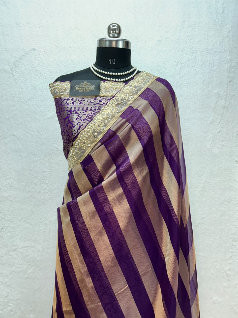 Banarasi Organza Tissue Strip Silk Saree With Fancy Diamond & Mirror Work Lace