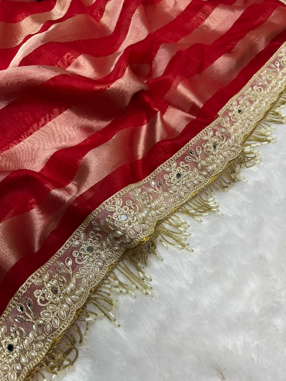 Banarasi Organza Tissue Strip Silk Saree With Fancy Diamond & Mirror Work Lace