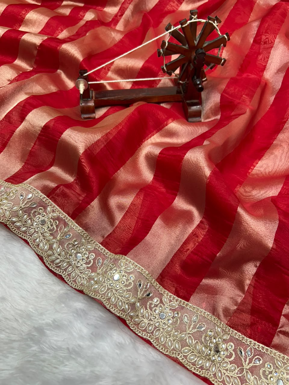 Banarasi Organza Tissue Strip Silk Saree With Fancy Diamond & Mirror Work Lace