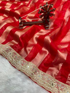 Banarasi Organza Tissue Strip Silk Saree With Fancy Diamond & Mirror Work Lace