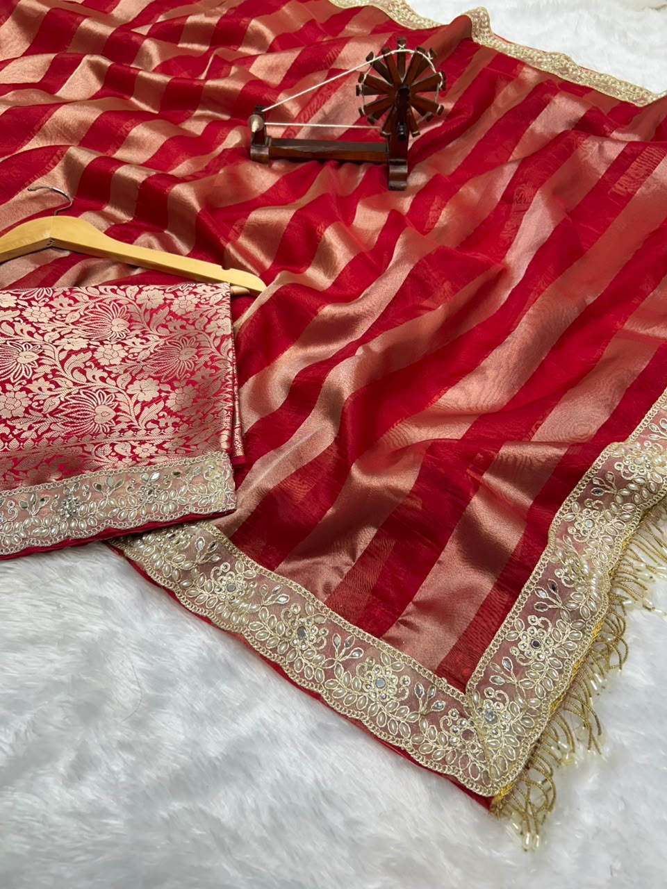 Banarasi Organza Tissue Strip Silk Saree With Fancy Diamond & Mirror Work Lace