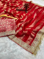 Banarasi Organza Tissue Strip Silk Saree With Fancy Diamond & Mirror Work Lace