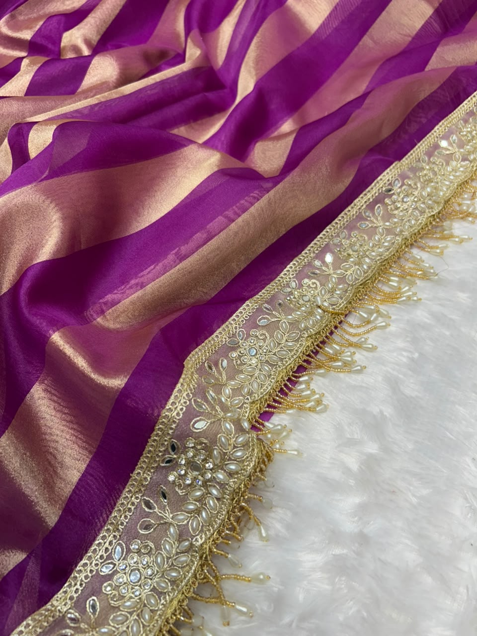 Banarasi Organza Tissue Strip Silk Saree With Fancy Diamond & Mirror Work Lace