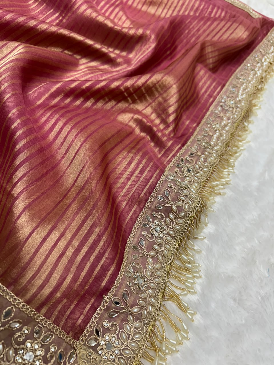 Banarasi Organza Tissue Strip Silk Saree With Fancy Diamond & Mirror Work Lace