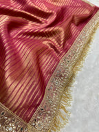 Banarasi Organza Tissue Strip Silk Saree With Fancy Diamond & Mirror Work Lace