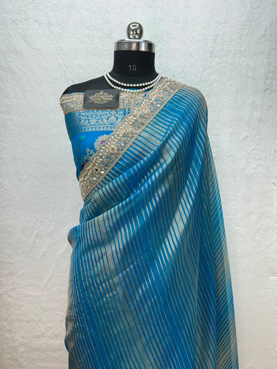 Banarasi Organza Tissue Strip Silk Saree With Fancy Diamond & Mirror Work Lace