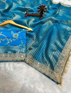 Banarasi Organza Tissue Strip Silk Saree With Fancy Diamond & Mirror Work Lace
