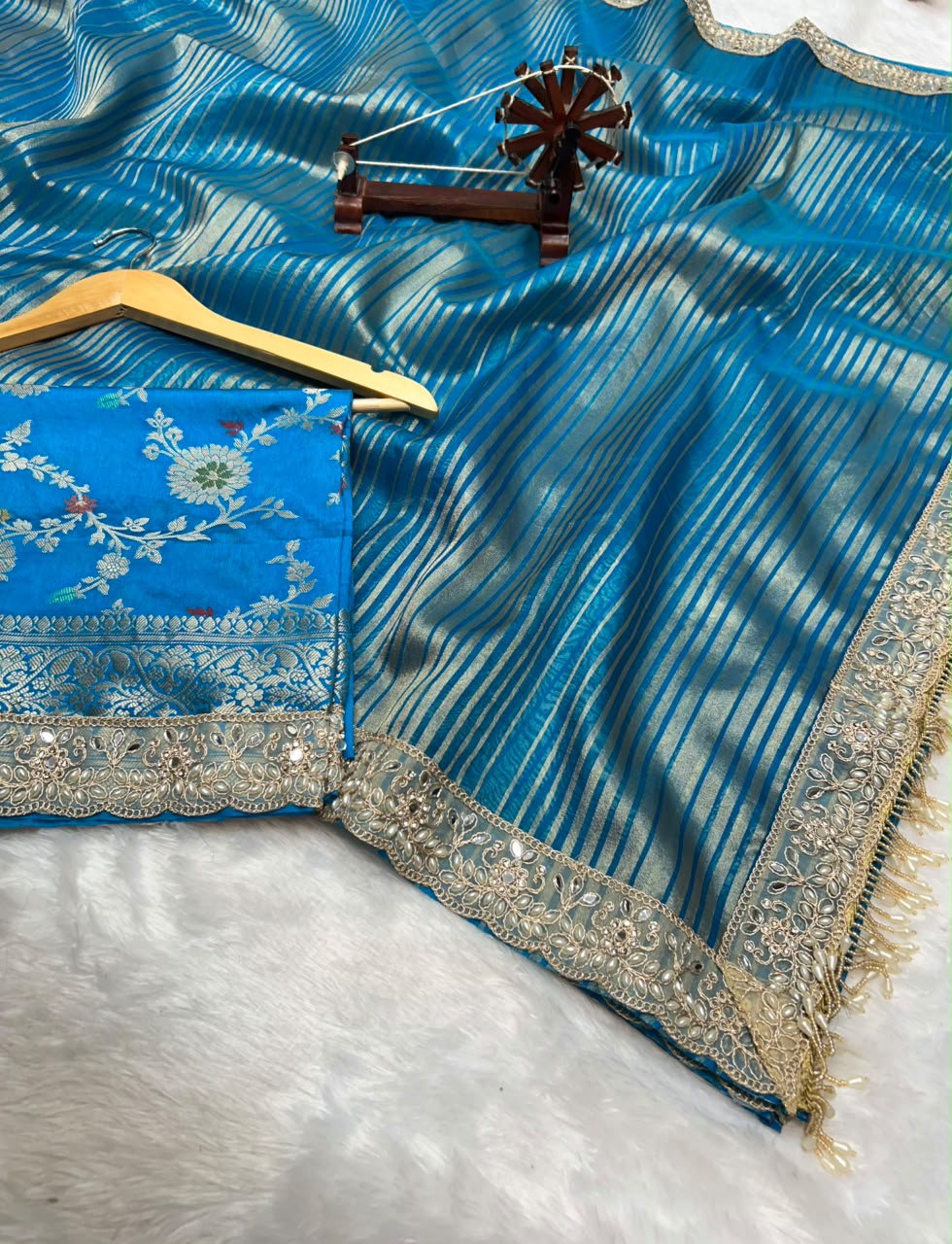 Banarasi Organza Tissue Strip Silk Saree With Fancy Diamond & Mirror Work Lace