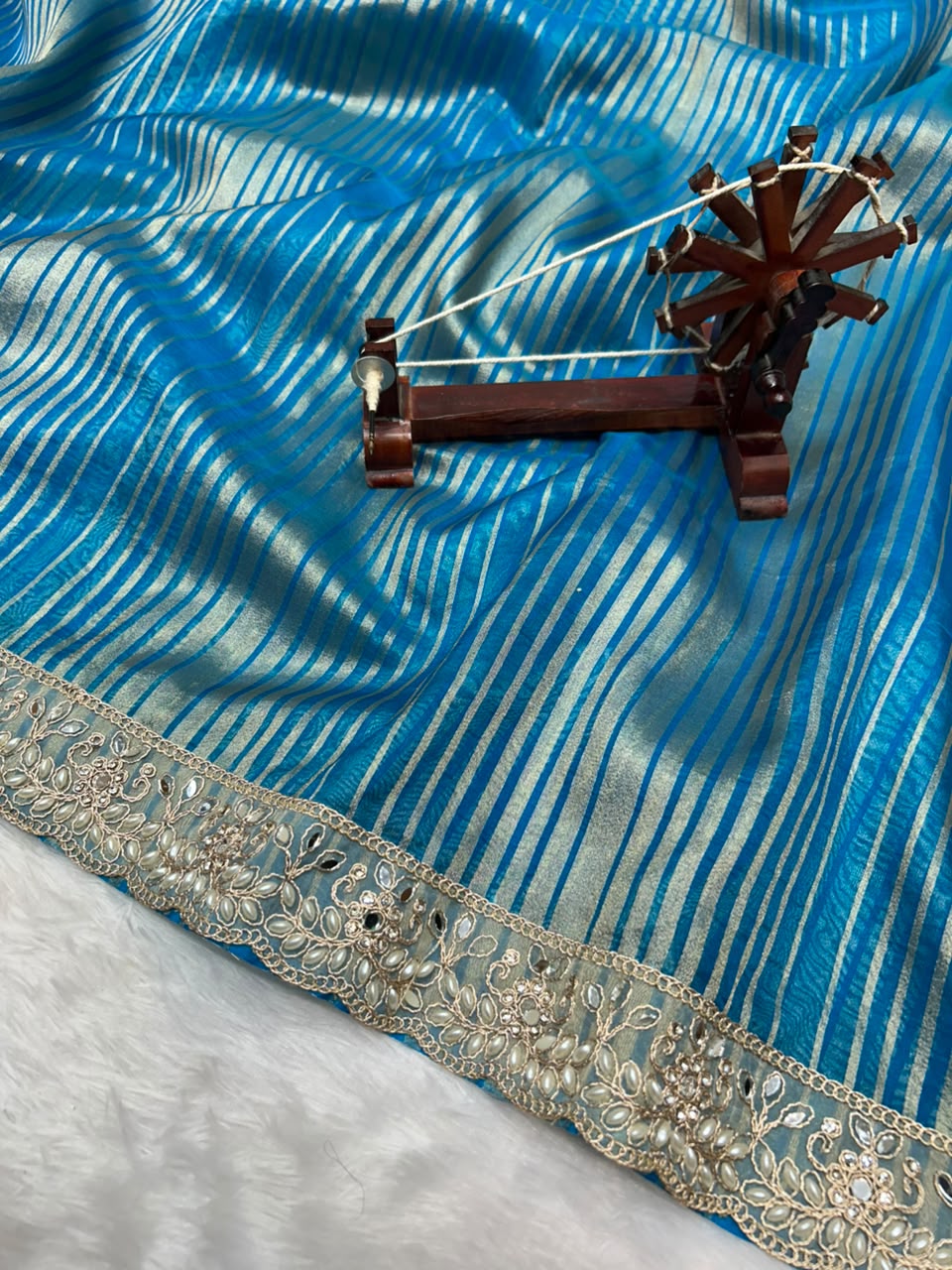 Banarasi Organza Tissue Strip Silk Saree With Fancy Diamond & Mirror Work Lace