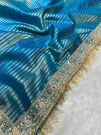 Banarasi Organza Tissue Strip Silk Saree With Fancy Diamond & Mirror Work Lace