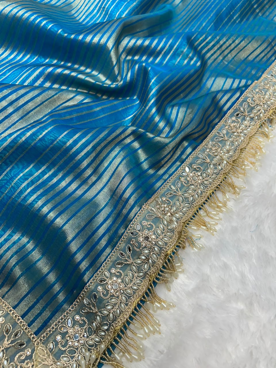 Banarasi Organza Tissue Strip Silk Saree With Fancy Diamond & Mirror Work Lace