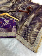 Banarasi Organza Tissue Strip Silk Saree With Fancy Diamond & Mirror Work Lace