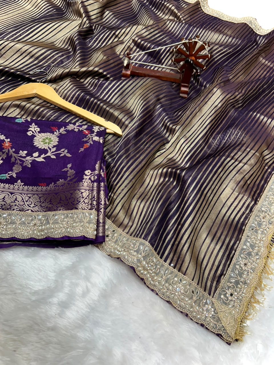 Banarasi Organza Tissue Strip Silk Saree With Fancy Diamond & Mirror Work Lace