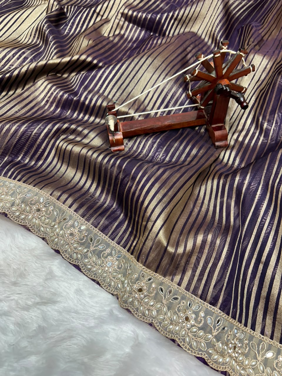 Banarasi Organza Tissue Strip Silk Saree With Fancy Diamond & Mirror Work Lace