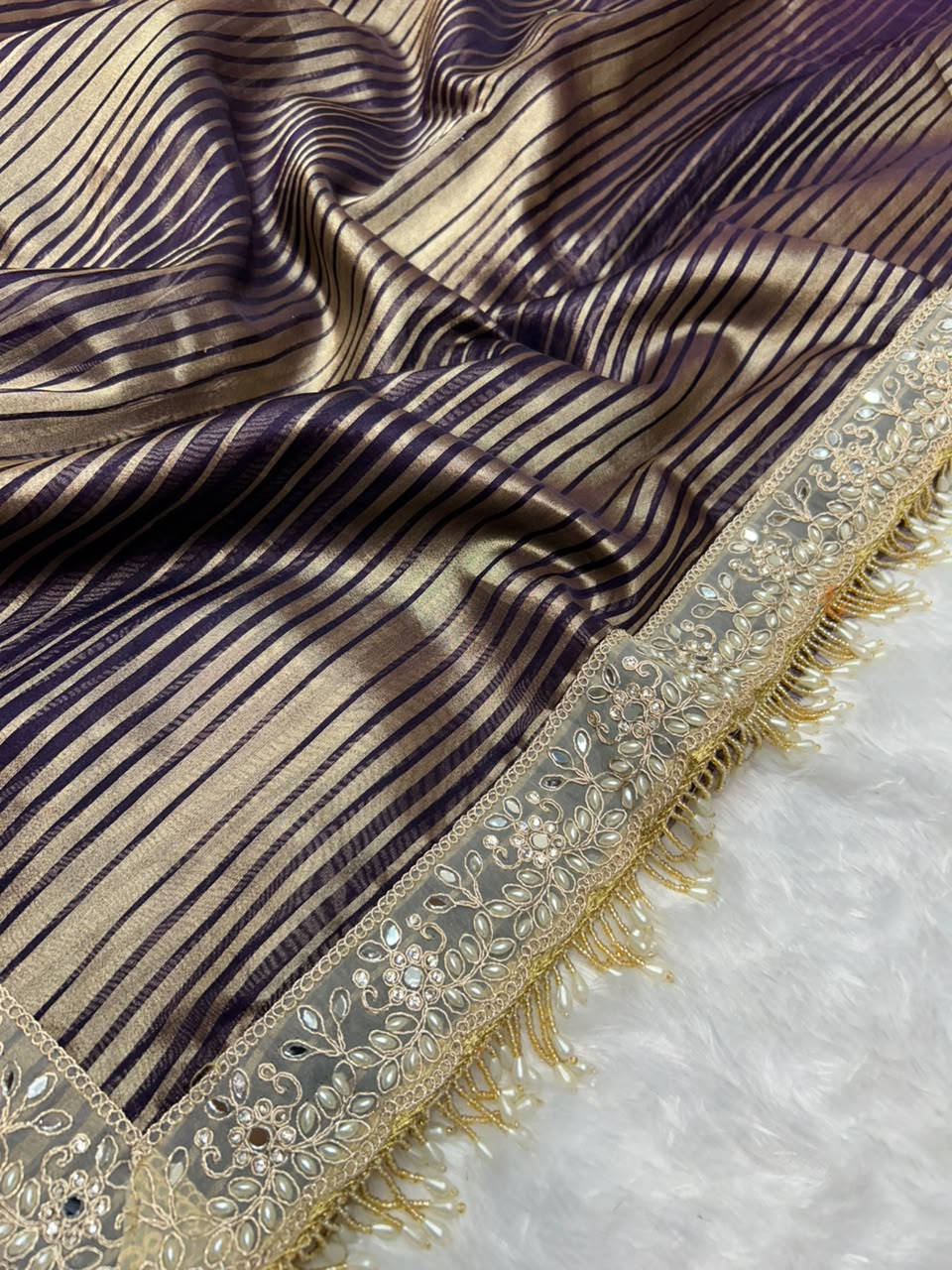 Banarasi Organza Tissue Strip Silk Saree With Fancy Diamond & Mirror Work Lace