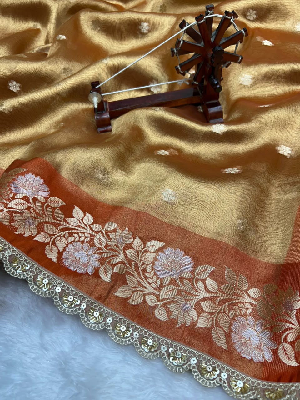 Banarasi Soft Tissue Zari Weaving Border With Diamond & Mirror Work Lace