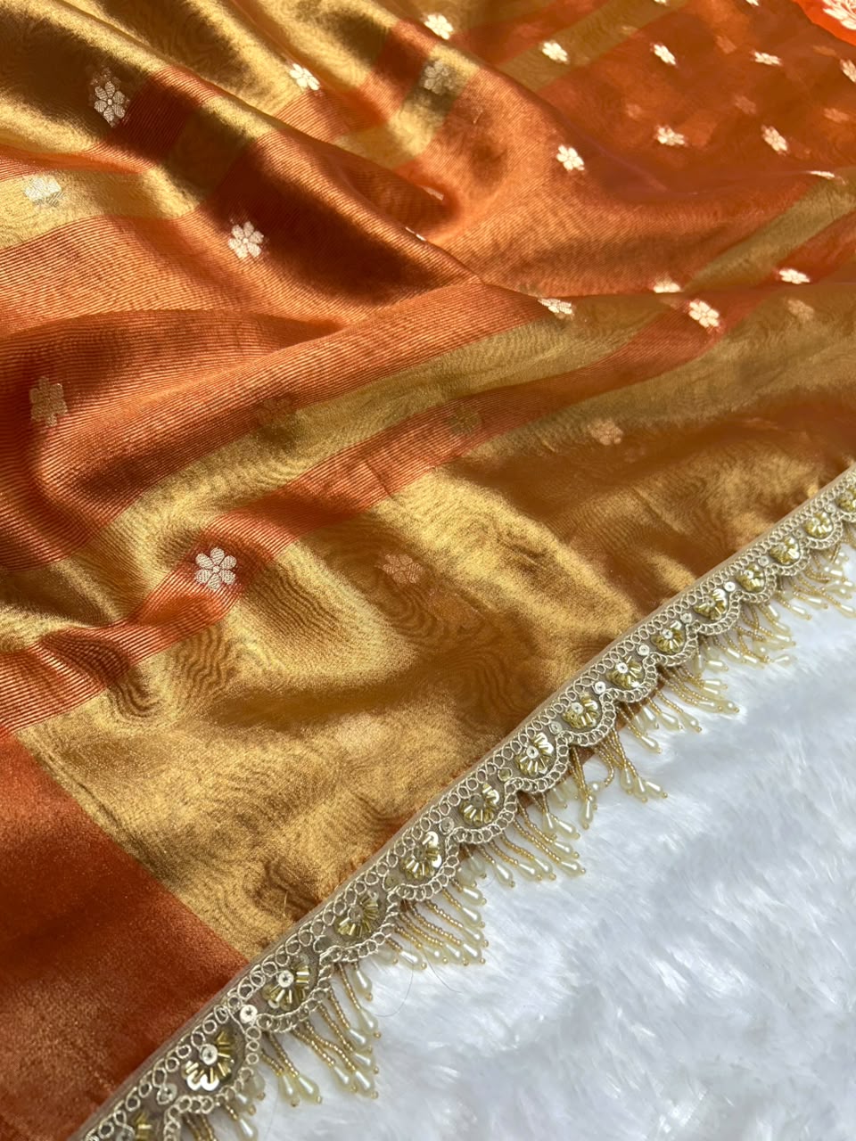 Banarasi Soft Tissue Zari Weaving Border With Diamond & Mirror Work Lace