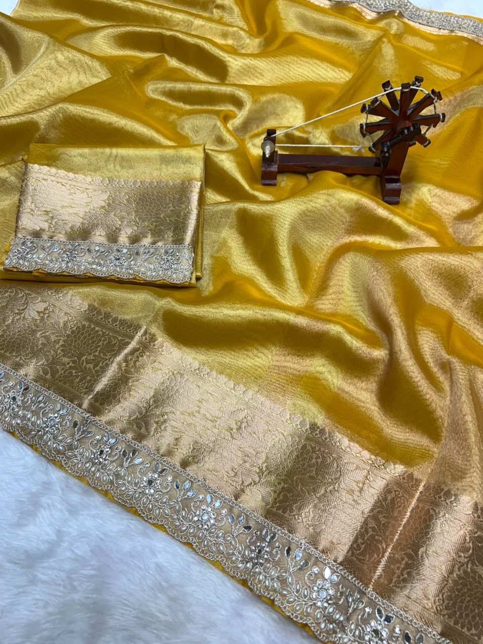 Banarasi Soft Tissue Zari Weaving Border With Diamond & Mirror Work Lace