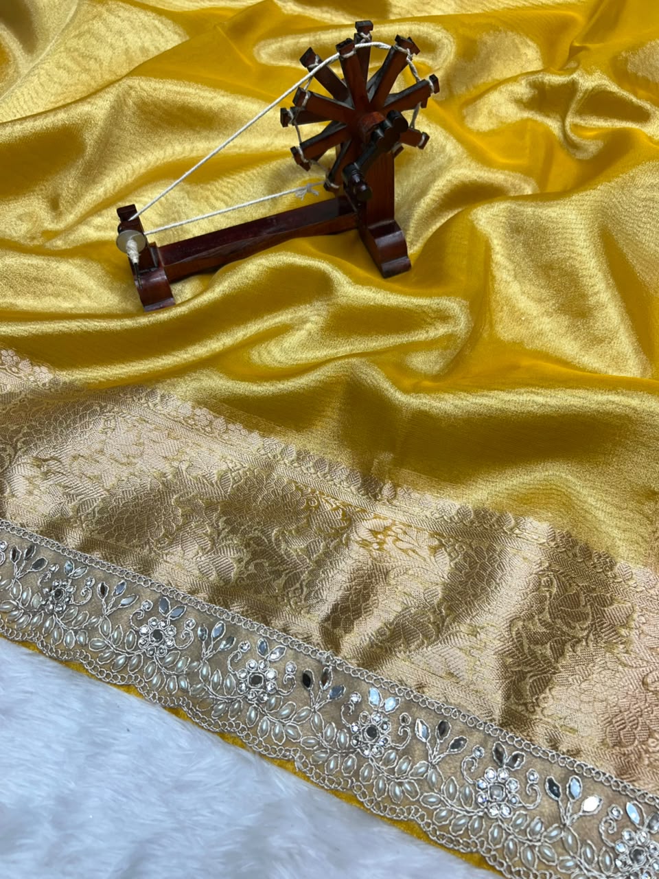 Banarasi Soft Tissue Zari Weaving Border With Diamond & Mirror Work Lace