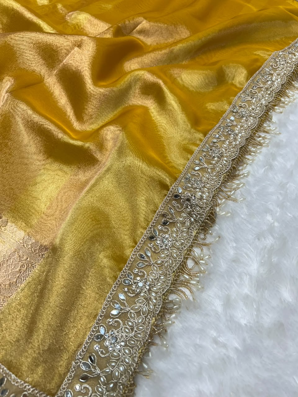 Banarasi Soft Tissue Zari Weaving Border With Diamond & Mirror Work Lace