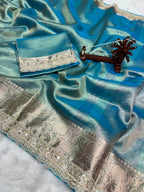 Banarasi Soft Tissue Zari Weaving Border With Diamond & Mirror Work Lace