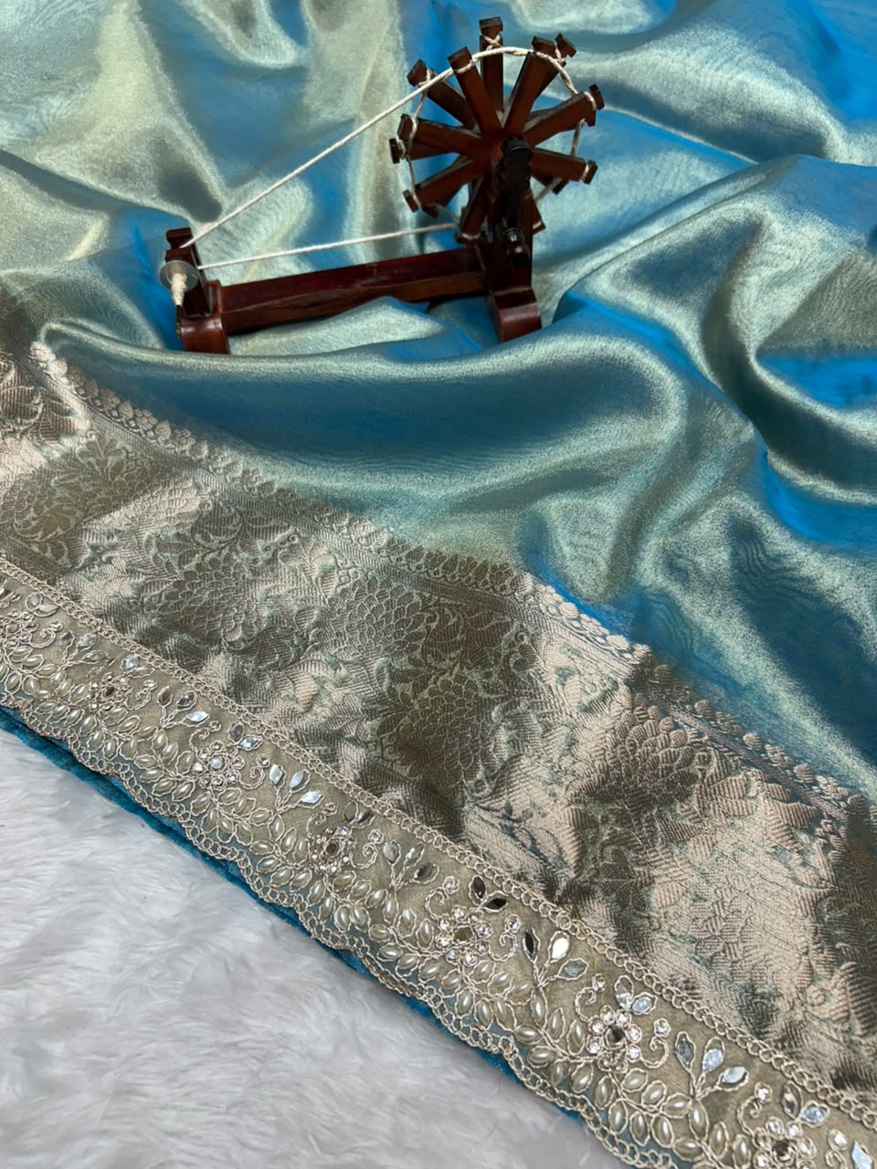 Banarasi Soft Tissue Zari Weaving Border With Diamond & Mirror Work Lace