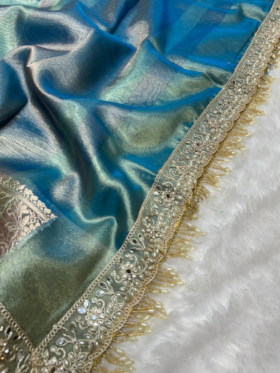 Banarasi Soft Tissue Zari Weaving Border With Diamond & Mirror Work Lace