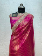 Banarasi Organza Tissue Strip Silk Saree With Fancy Diamond & Mirror Work Lace